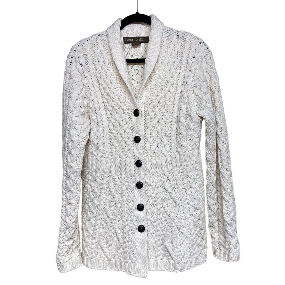 INIS CRAFTS Ireland Cardigan Sweater Merino Wool Cable Knit Cream Women’s Size M